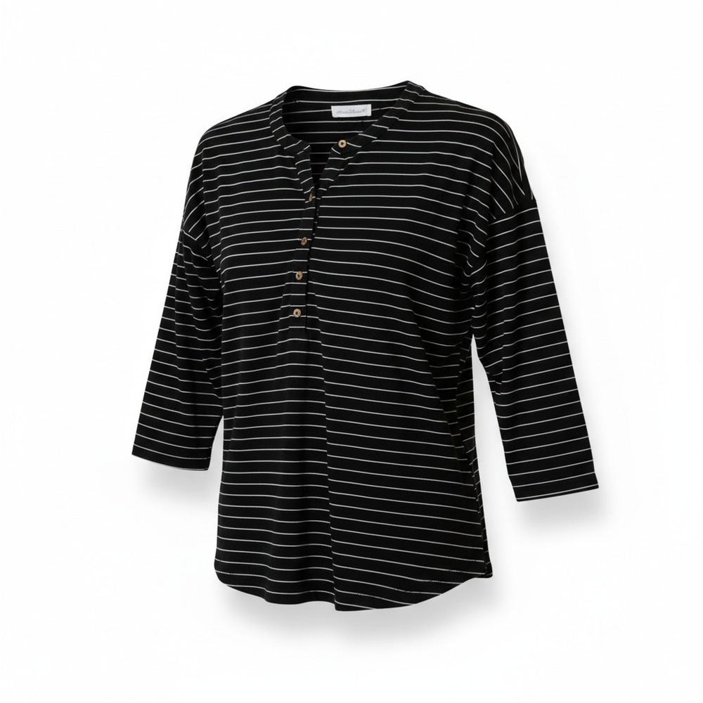 Karen Hart Black White Pinstriped 3/4 Button Popover Jersey Top Women's Size L